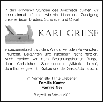 Traueranzeige von Karl Griese von Märkische Oderzeitung