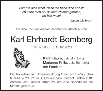 Traueranzeige von Karl Ehrhardt Bomberg von Märkische Oderzeitung