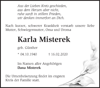 Traueranzeige von Karla Misterek von Märkische Oderzeitung