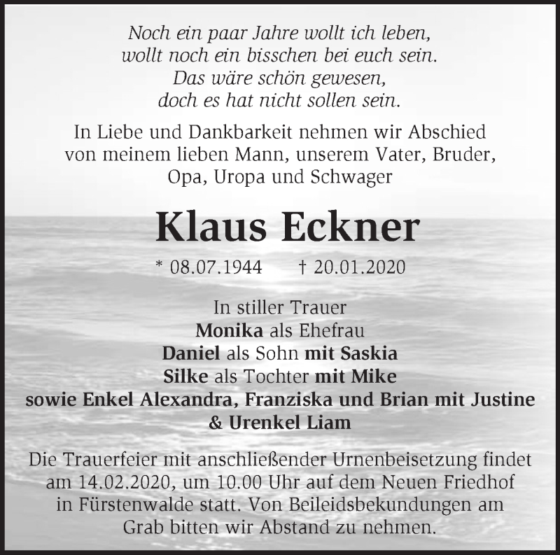  Traueranzeige für Klaus Eckner vom 08.02.2020 aus Märkische Oderzeitung
