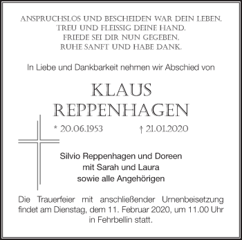 Traueranzeige von Klaus Reppenhagen von Märkische Oderzeitung