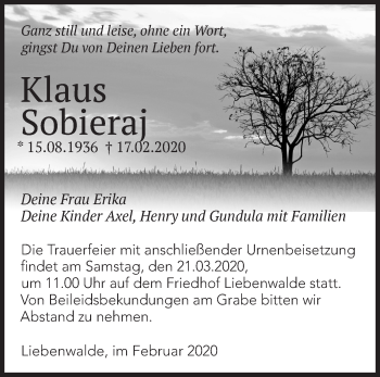 Traueranzeige von Klaus Sobieraj von Märkische Oderzeitung