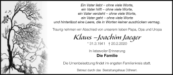 Traueranzeige von Klaus–Joachim Jaeger von Märkische Oderzeitung