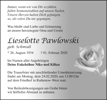 Traueranzeige von Lieselotte Pawlowski von Märkische Oderzeitung