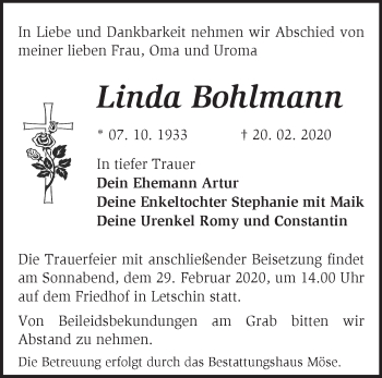 Traueranzeige von Linda Bohlmann von Märkische Oderzeitung