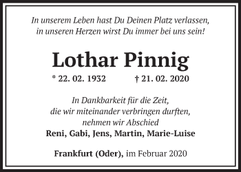 Traueranzeige von Lothar Pinnig von Märkische Oderzeitung