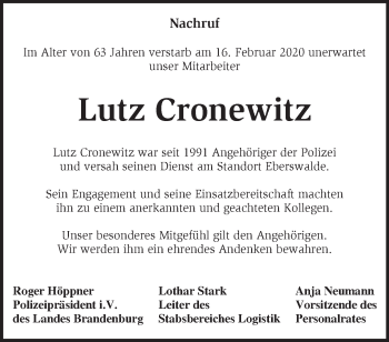 Traueranzeige von Lutz Cronewitz von Märkische Oderzeitung