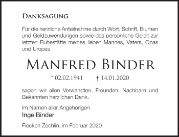 Traueranzeige von Manfred Binder von Märkische Oderzeitung