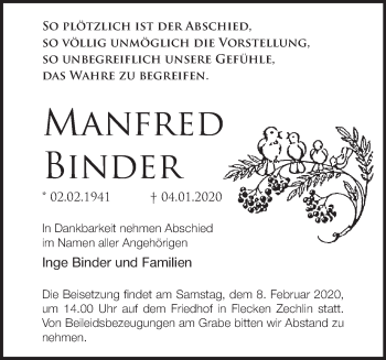 Traueranzeige von Manfred Binder von Märkische Oderzeitung