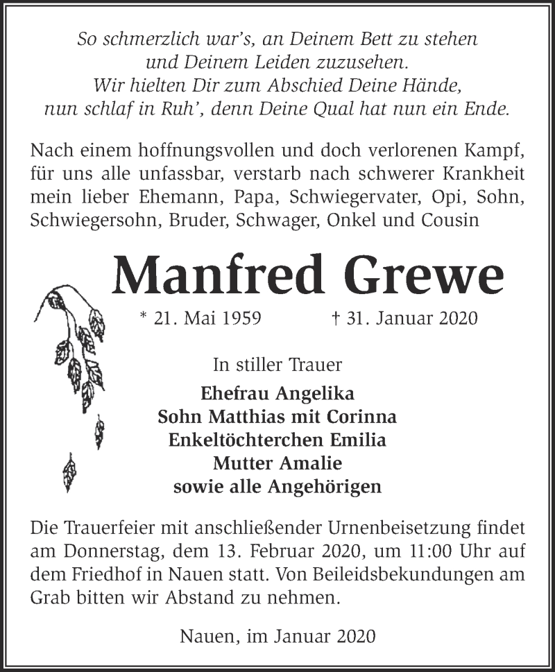  Traueranzeige für Manfred Grewe vom 09.02.2020 aus Märkische Oderzeitung