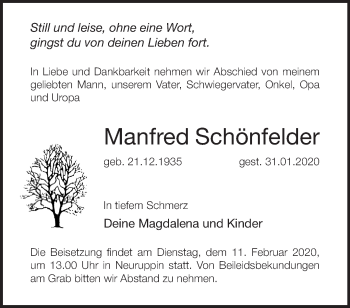 Traueranzeige von Manfred Schönfelder von Märkische Oderzeitung