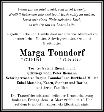 Traueranzeige von Marga Tonndorf von Märkische Oderzeitung