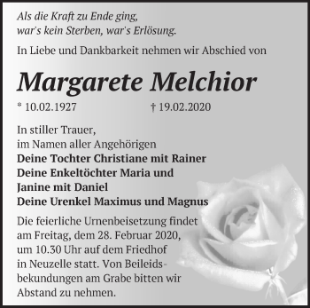Traueranzeige von Margarete Melchior von Märkische Oderzeitung