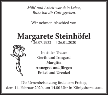 Traueranzeige von Margarete Steinhöfel von Märkische Oderzeitung