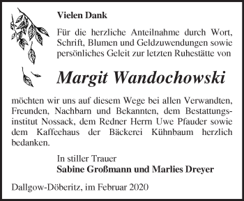 Traueranzeige von Margit Wandochowski von Märkische Oderzeitung