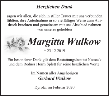 Traueranzeige von Margitta Wulkow von Märkische Oderzeitung