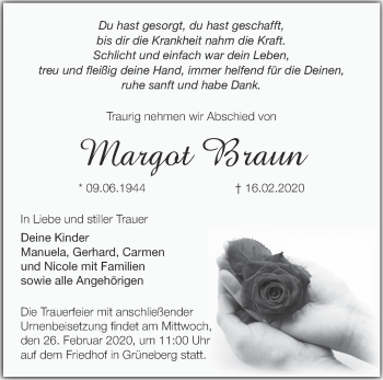 Traueranzeige von Margot Braun von Märkische Oderzeitung