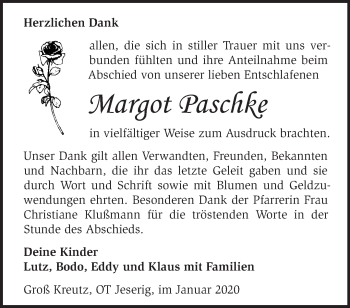 Traueranzeige von Margot Paschke von Märkische Oderzeitung