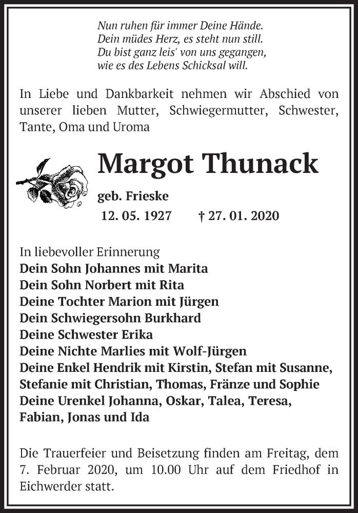  Traueranzeige für Margot Thunack vom 02.02.2020 aus Märkische Oderzeitung