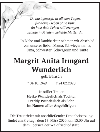 Traueranzeige von Margrit Anita Irmgard Wunderlich von Märkische Oderzeitung