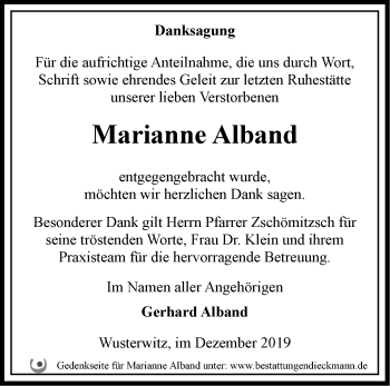 Traueranzeige von Marianne Alband von Märkische Oderzeitung