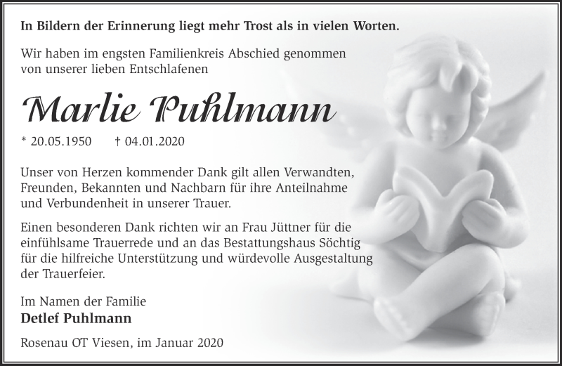  Traueranzeige für Marlie Puhlmann vom 02.02.2020 aus Märkische Oderzeitung