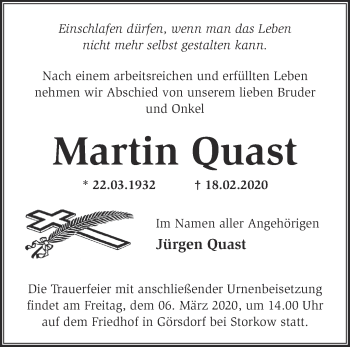 Traueranzeige von Martin Quast von Märkische Oderzeitung