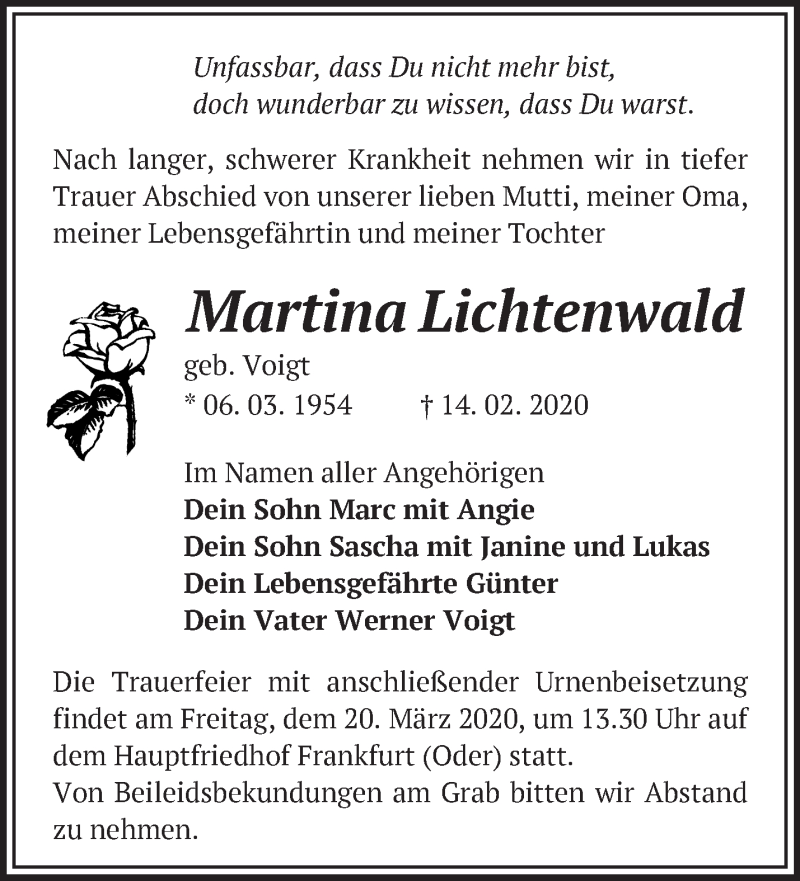  Traueranzeige für Martina Lichtenwald vom 22.02.2020 aus Märkische Oderzeitung
