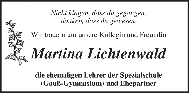  Traueranzeige für Martina Lichtenwald vom 26.02.2020 aus Märkische Oderzeitung