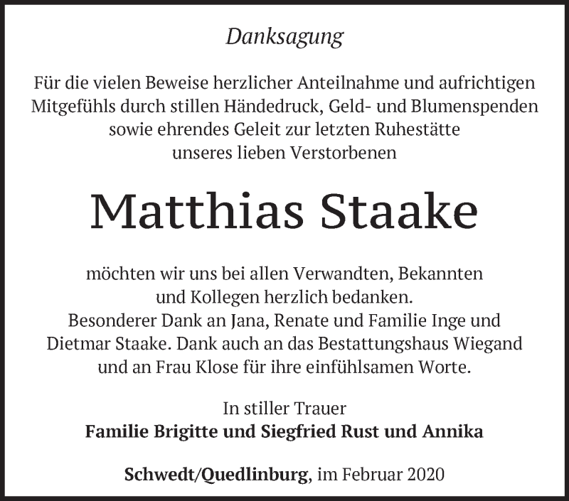  Traueranzeige für Matthias Staake vom 29.02.2020 aus Märkische Oderzeitung