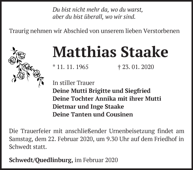  Traueranzeige für Matthias Staake vom 08.02.2020 aus Märkische Oderzeitung