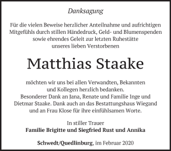 Traueranzeige von Matthias Staake von Märkische Oderzeitung