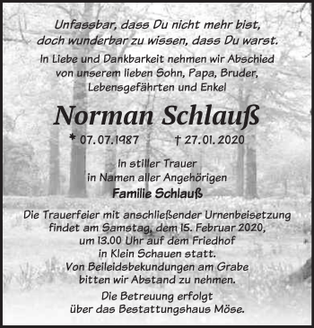 Traueranzeige von Norman Schlauß von Märkische Oderzeitung