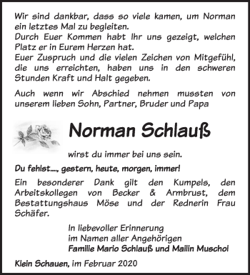 Traueranzeige von Norman Schlauß von Märkische Oderzeitung