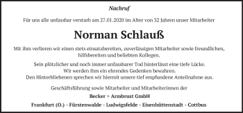 Traueranzeige von Norman Schlauß von Märkische Oderzeitung