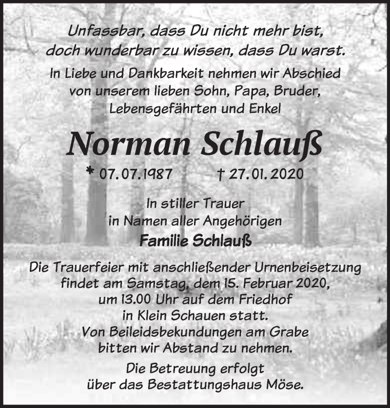  Traueranzeige für Norman Schlauß vom 09.02.2020 aus Märkische Oderzeitung