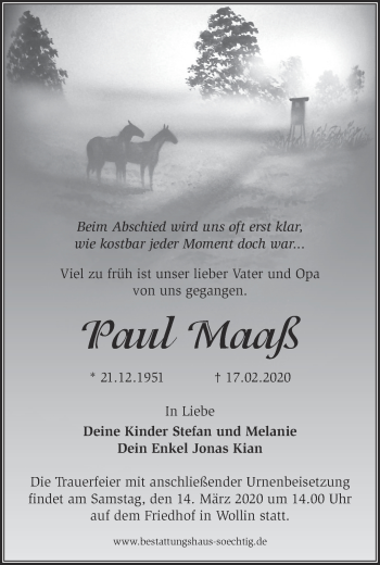 Traueranzeige von Paul Maaß von Märkische Oderzeitung