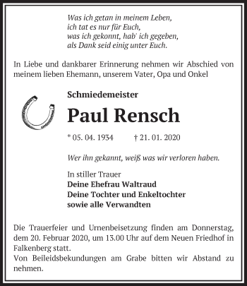 Traueranzeige von Paul Rensch von Märkische Oderzeitung