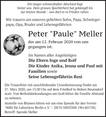 Traueranzeige von Peter Meller von Märkische Oderzeitung