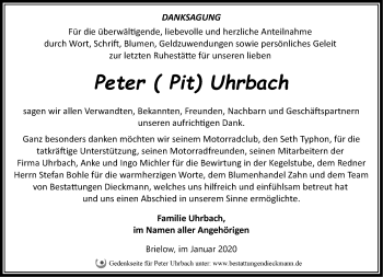 Traueranzeige von Peter Uhrbach von Märkische Oderzeitung