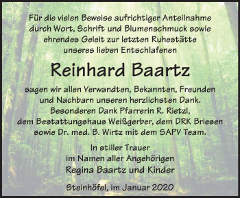 Traueranzeige von Reinhard Baartz von Märkische Oderzeitung