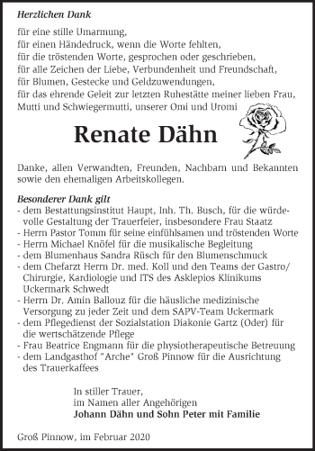 Traueranzeige von Renate Dähn von Märkische Oderzeitung