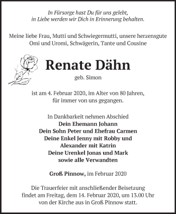 Traueranzeige von Renate Dähn von Märkische Oderzeitung