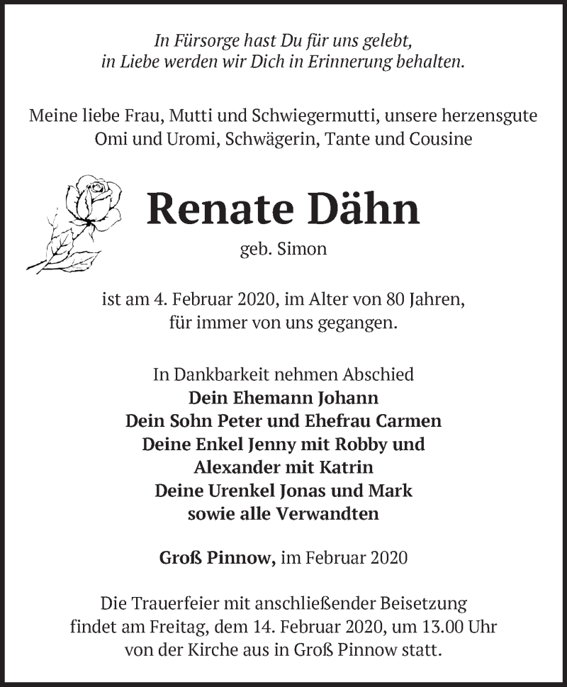  Traueranzeige für Renate Dähn vom 12.02.2020 aus Märkische Oderzeitung