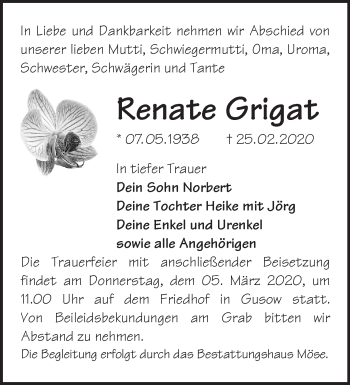 Traueranzeige von Renate Grigat von Märkische Oderzeitung