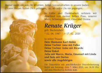 Traueranzeige von Renate Krüger von Märkische Oderzeitung