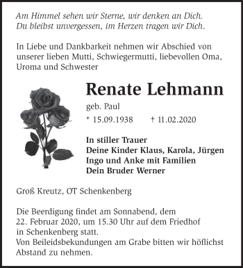 Traueranzeige von Renate Lehmann von Märkische Oderzeitung