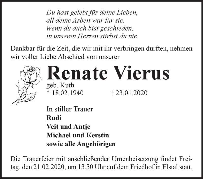  Traueranzeige für Renate Vierus vom 02.02.2020 aus Märkische Oderzeitung