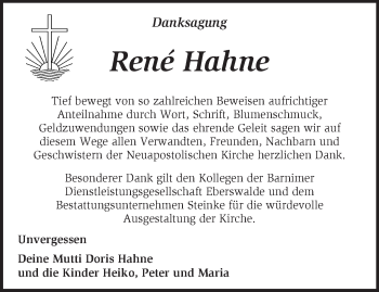 Traueranzeige von René Hahne von Märkische Oderzeitung