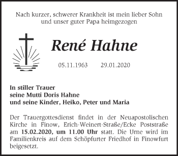 Traueranzeige von René Hahne von Märkische Oderzeitung